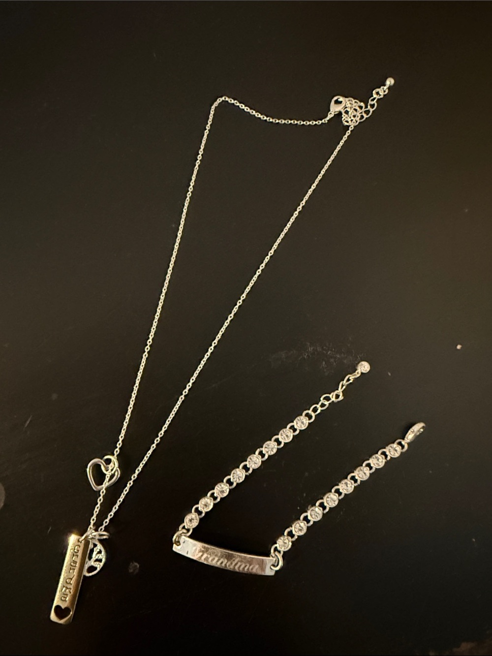 Featuring “Grandma” Silver Pendant Necklace and Crystal Bracelet Set